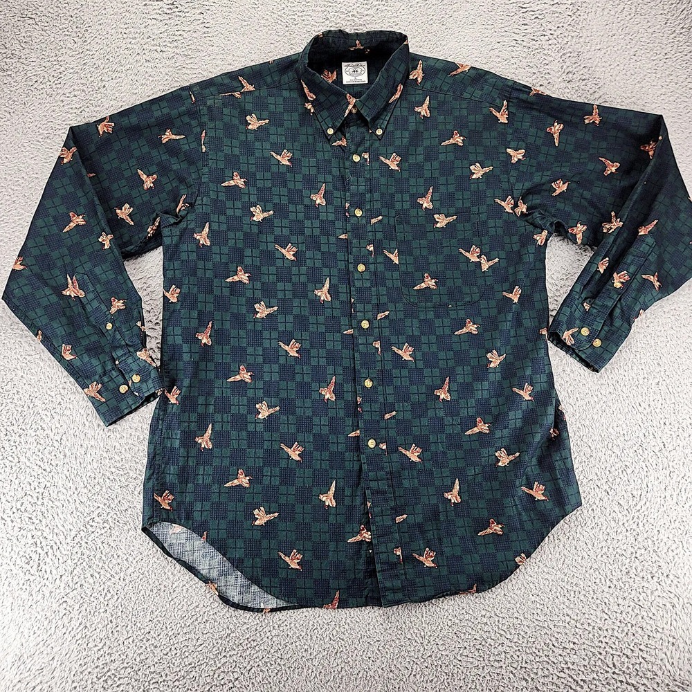Brooks Brothers Shirt Mens Large Green Animal Print Vintage Sport Shirt